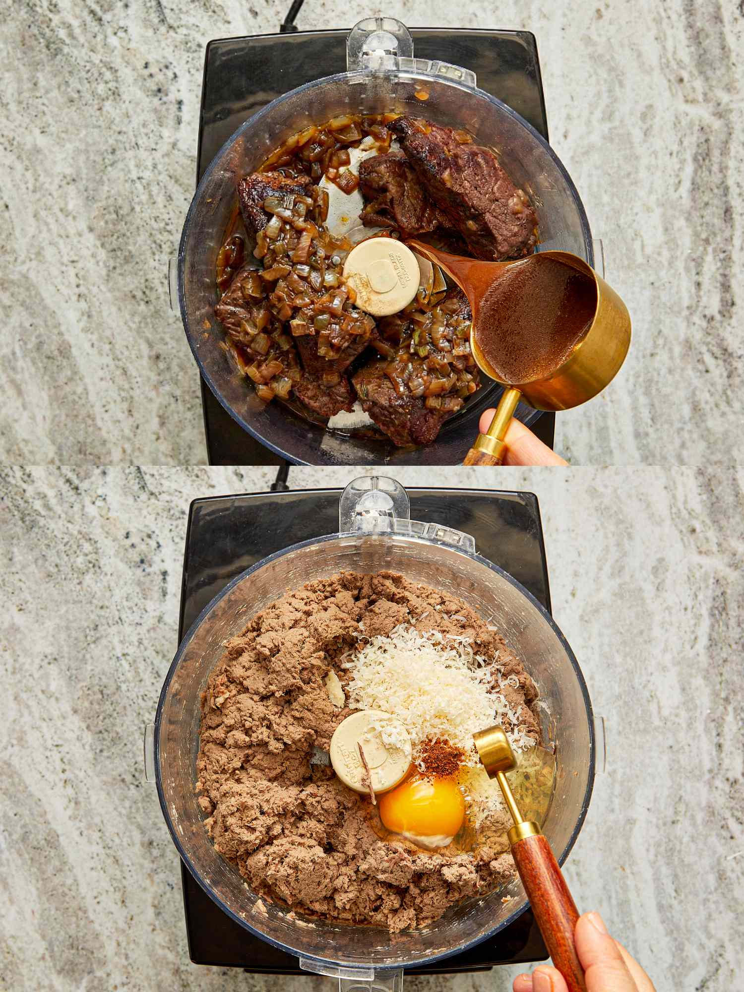 Two steps in a food preparation process using a food processor with ingredients being added and mixed