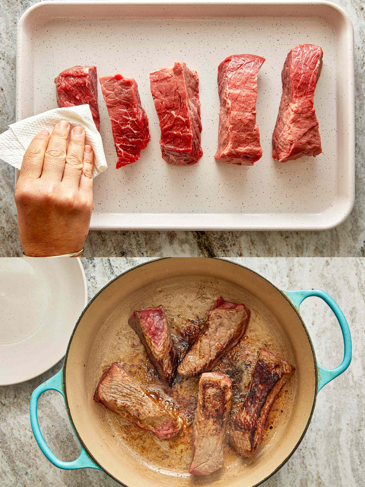 Raw beef pieces and browning them in a pot