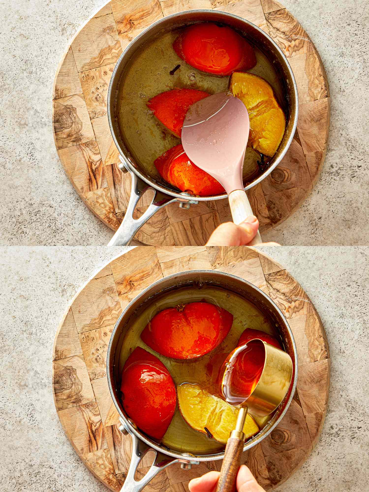 Two steps showing the preparation of tomato sauce in a saucepan with stirring and pouring in liquid being the actions demonstrated