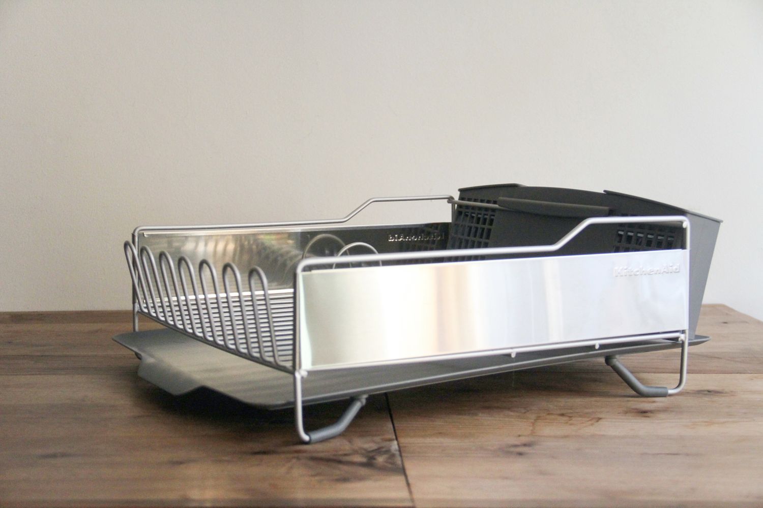 KitchenAid Full-Size Dish Rack displayed on a wooden counter