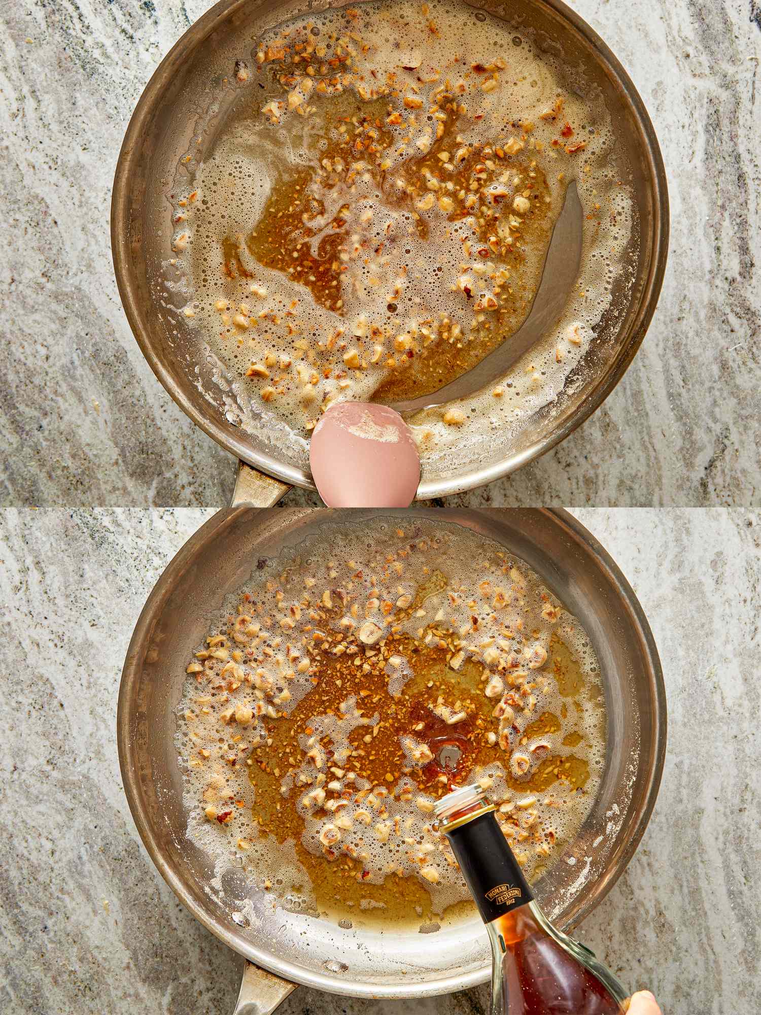 Two panels showing a cooking process in a pan with a hand adding seasoning in the top panel and sauce being poured in the lower panel