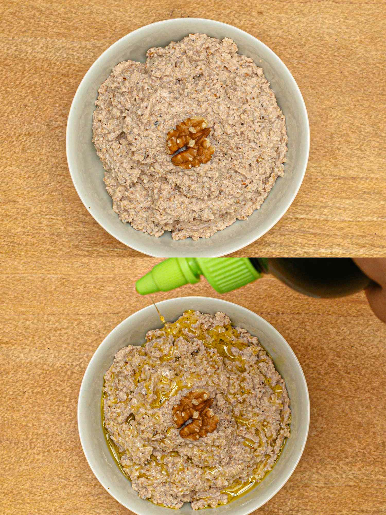 Two dishes of walnut skordalia first plain and second being drizzled with olive oil