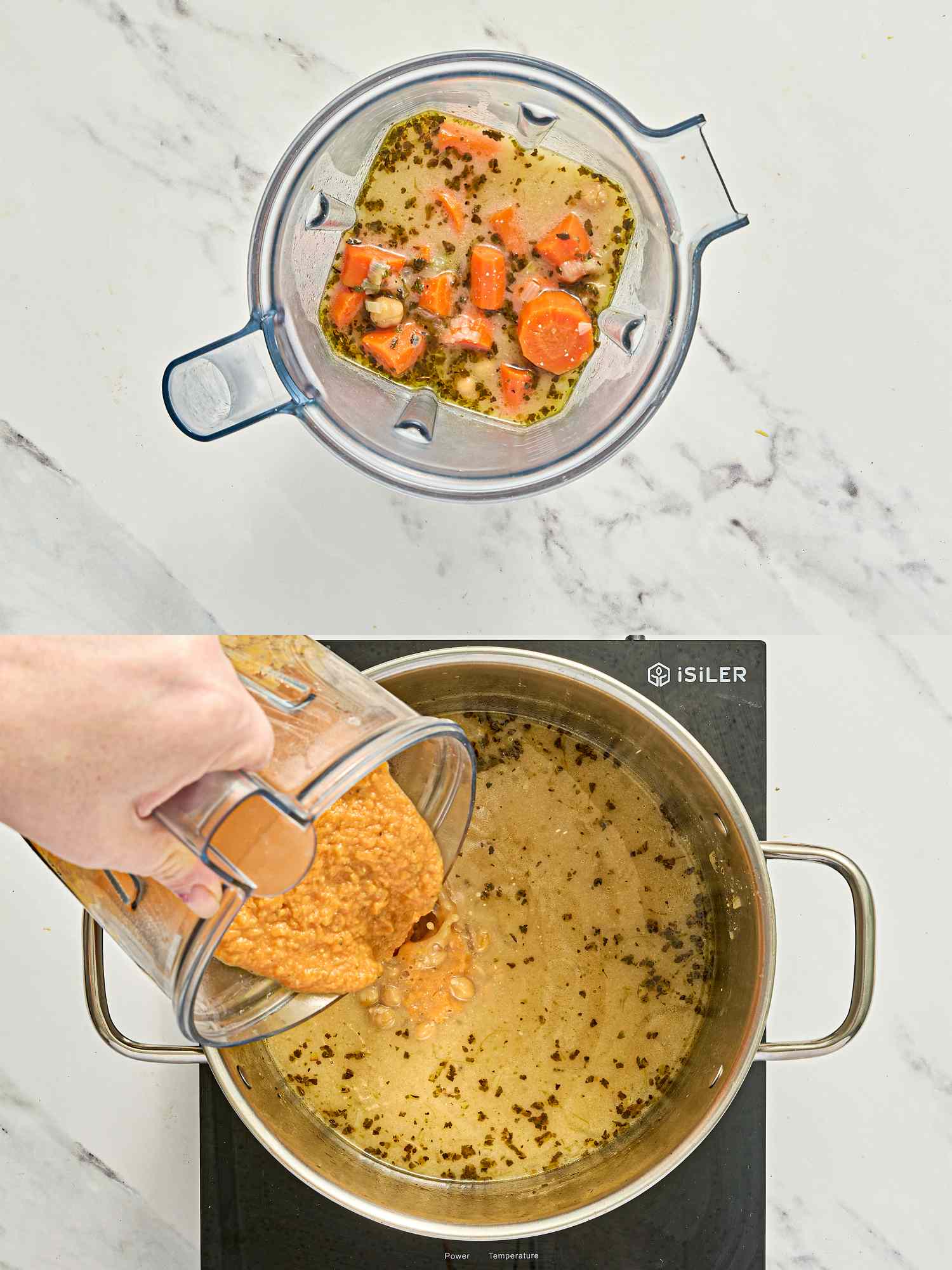 Chickpea stew ingredients in a blender and being poured into a pot on a stovetop