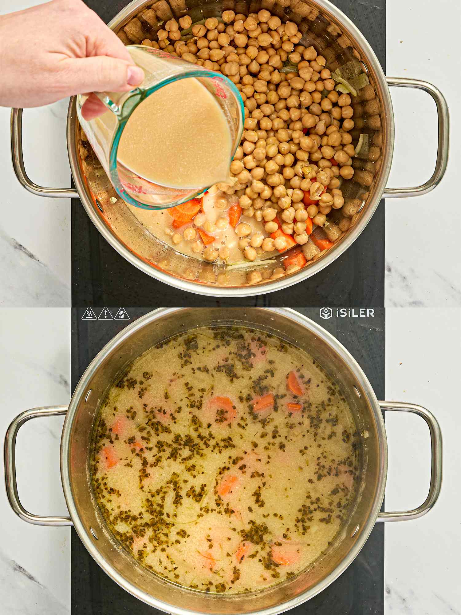 Twostep cooking process of chickpea stew in a pot showing chickpeas and ingredients being added then the stew simmered with broth